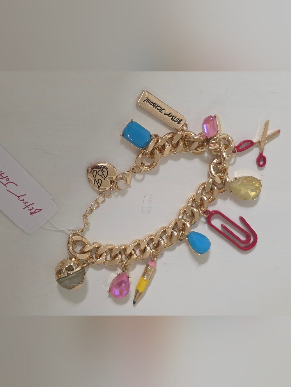 Betsey Johnson Gold Charm Bracelet with Pink, Blue & Yellow Accents